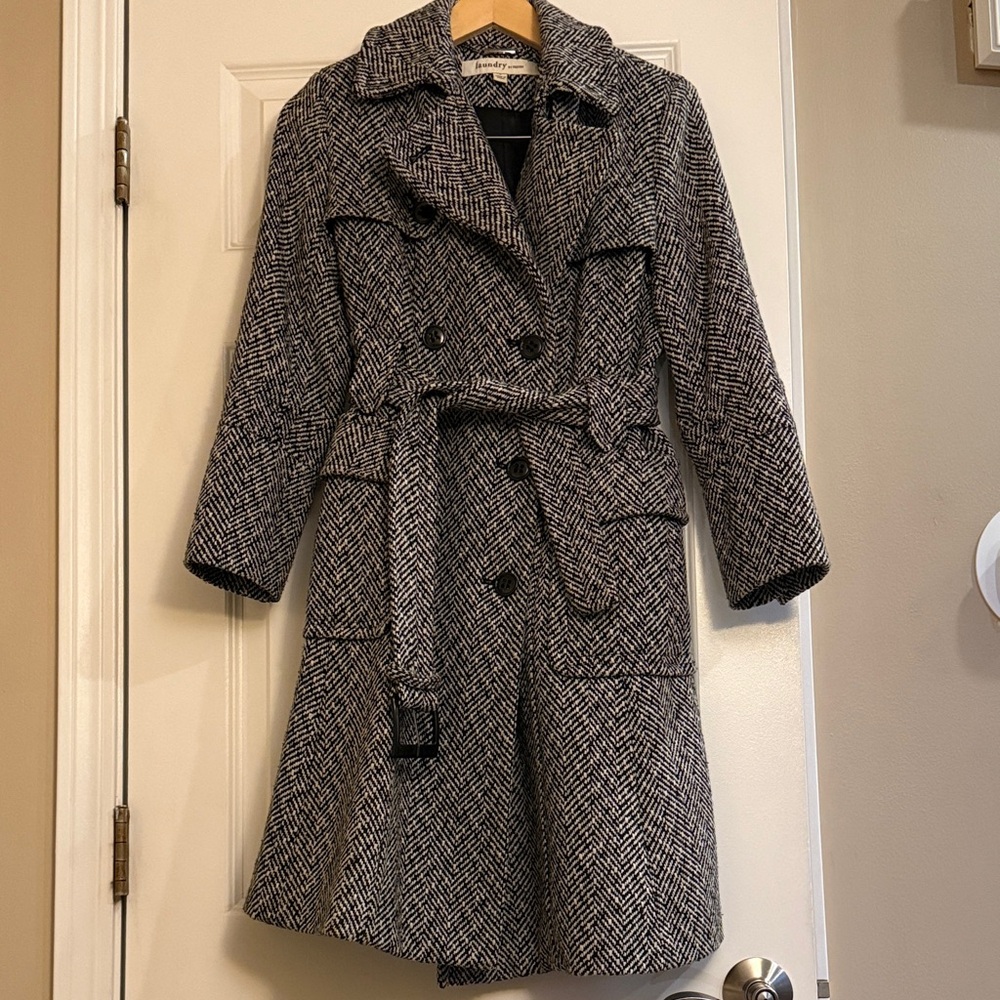 Laundry by Design Black and White Herringbone Trench Coat